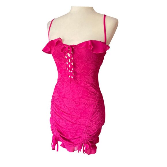 Outcast Hot Pink Lace Corset Mini Dress Ruched Y2K Barbiecore Party Club Dress S - Picture 2 of 13